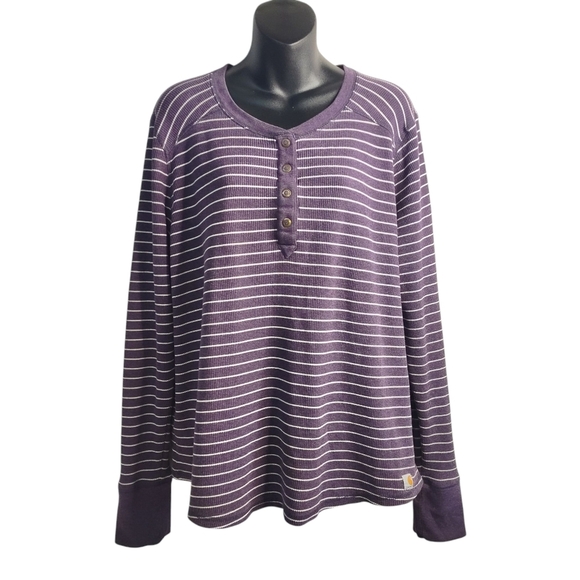 Carhartt Tops - Carhartt Womens Thermal Henley Purple Striped Crew Neck Long Sleeve Shirt Sz XXL